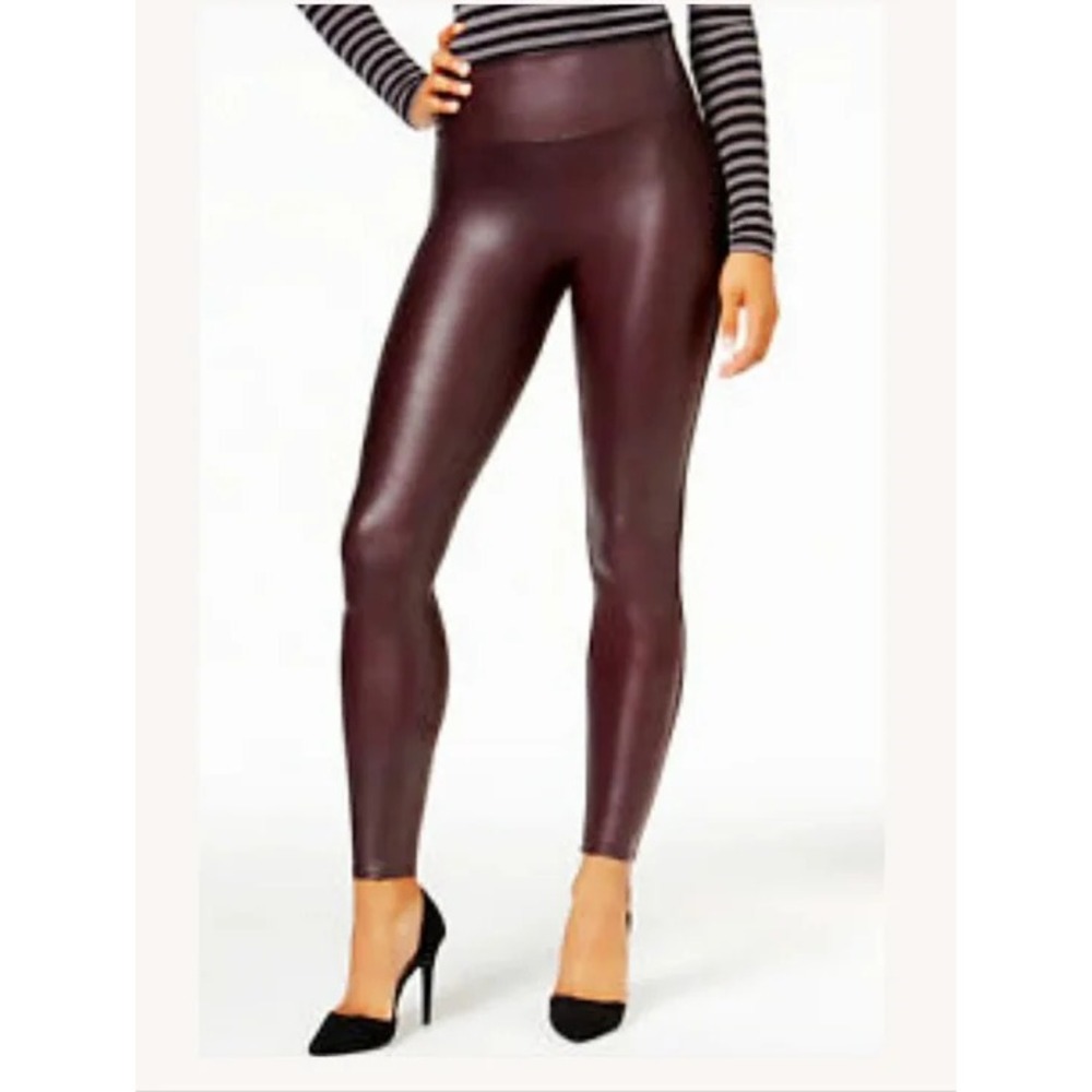 EUC Spanx Faux Leather Leggings Women Rich Burgundy Wine High Rise Shaper Size L